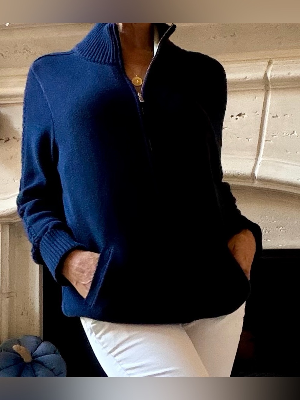 Talbots Navy Blue Cable Knit Sleeve Full Zip Cardigan Sweater Jacket size Medium